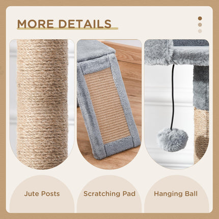 Cat Tree Tower 142cm Kitten Activity Center with Jute Scratching Post and Removable Felt Toy - Grey