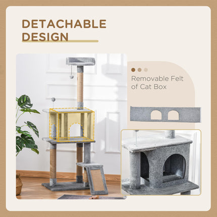 Cat Tree Tower 142cm Kitten Activity Center with Jute Scratching Post and Removable Felt Toy - Grey