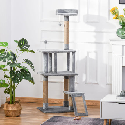 Cat Tree Tower 142cm Kitten Activity Center with Jute Scratching Post and Removable Felt Toy - Grey