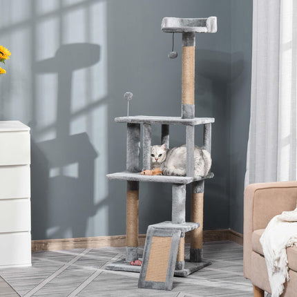 Cat Tree Tower 142cm Kitten Activity Center with Jute Scratching Post and Removable Felt Toy - Grey