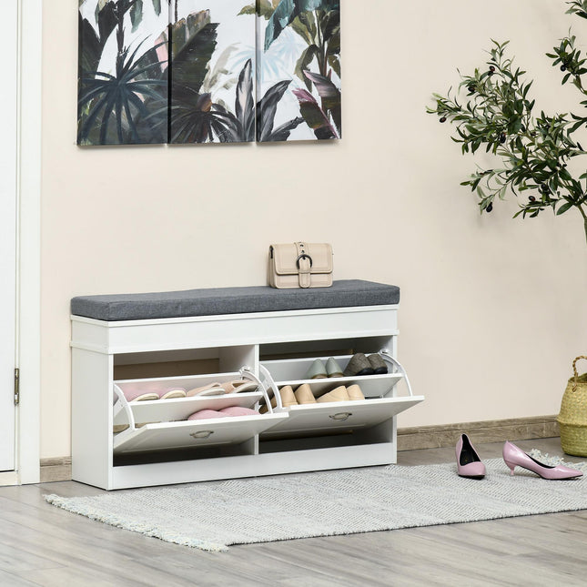 Shoe Storage Bench with Cushion, 2 Drawers & Adjustable Shelf for Entryway, Hallway, Bedroom - White