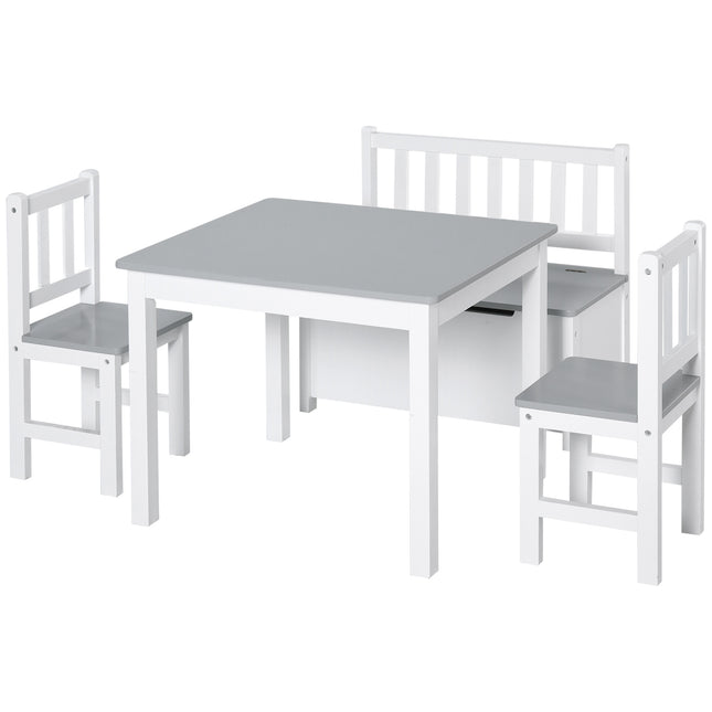 4-Piece Kids Table Set with 2 Wooden Chairs and Storage Bench - Grey/White