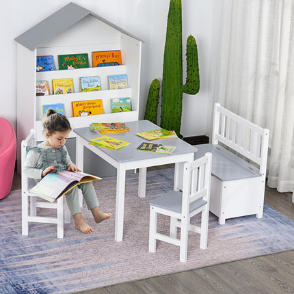 4-Piece Kids Table Set with 2 Wooden Chairs and Storage Bench - Grey/White