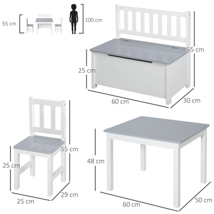 4-Piece Kids Table Set with 2 Wooden Chairs and Storage Bench - Grey/White