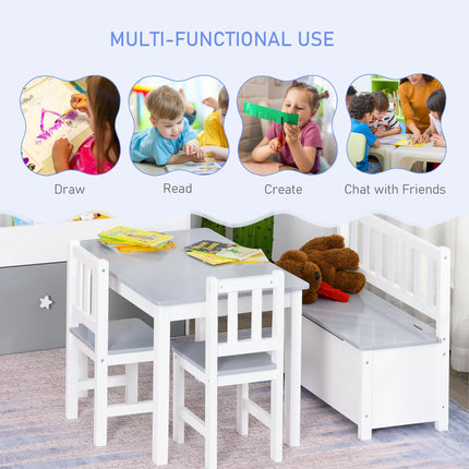 4-Piece Kids Table Set with 2 Wooden Chairs and Storage Bench - Grey/White
