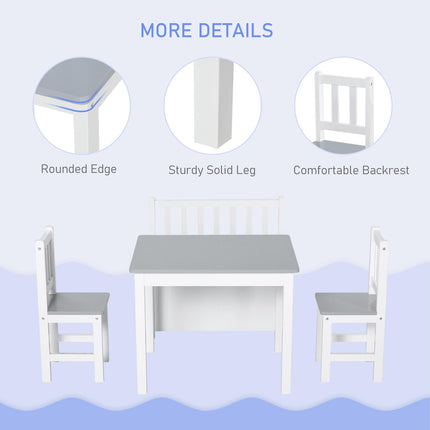 4-Piece Kids Table Set with 2 Wooden Chairs and Storage Bench - Grey/White