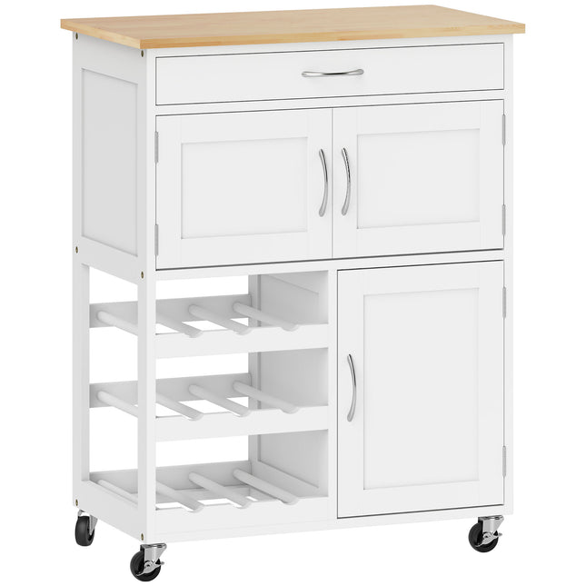 Modern Kitchen Trolley with Drawer, 9-Bottle Wine Rack & Door Cabinets, Wooden Countertop - White