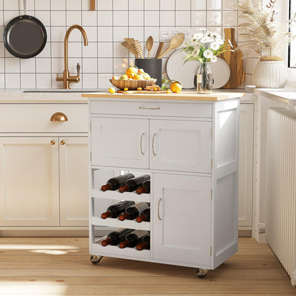 Modern Kitchen Trolley with Drawer, 9-Bottle Wine Rack & Door Cabinets, Wooden Countertop - White