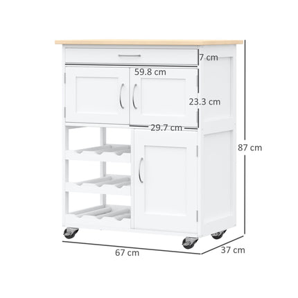 Modern Kitchen Trolley with Drawer, 9-Bottle Wine Rack & Door Cabinets, Wooden Countertop - White