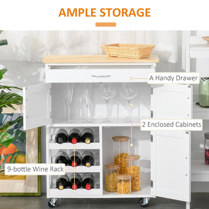 Modern Kitchen Trolley with Drawer, 9-Bottle Wine Rack & Door Cabinets, Wooden Countertop - White