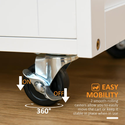 Modern Kitchen Trolley with Drawer, 9-Bottle Wine Rack & Door Cabinets, Wooden Countertop - White