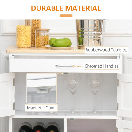 Modern Kitchen Trolley with Drawer, 9-Bottle Wine Rack & Door Cabinets, Wooden Countertop - White