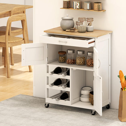 Modern Kitchen Trolley with Drawer, 9-Bottle Wine Rack & Door Cabinets, Wooden Countertop - White