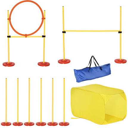 4PC Portable Dog Agility Training Obstacle Set with Adjustable Weave Pole, High Jump, Jumping Ring & Tunnel - Yellow