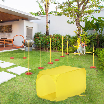 4PC Portable Dog Agility Training Obstacle Set with Adjustable Weave Pole, High Jump, Jumping Ring & Tunnel - Yellow