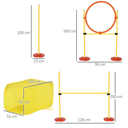 4PC Portable Dog Agility Training Obstacle Set with Adjustable Weave Pole, High Jump, Jumping Ring & Tunnel - Yellow