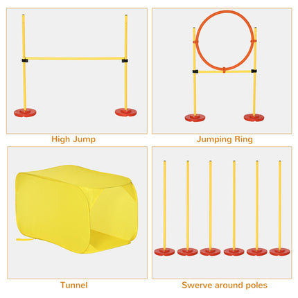 4PC Portable Dog Agility Training Obstacle Set with Adjustable Weave Pole, High Jump, Jumping Ring & Tunnel - Yellow