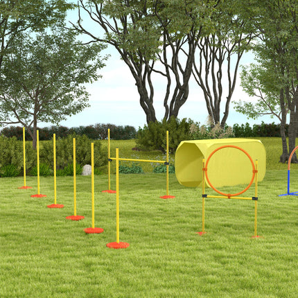4PC Portable Dog Agility Training Obstacle Set with Adjustable Weave Pole, High Jump, Jumping Ring & Tunnel - Yellow