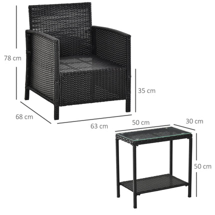 2-Seater PE Rattan Side Table & Armchair Bistro Set Jack and Jill Seat w/ Pillow