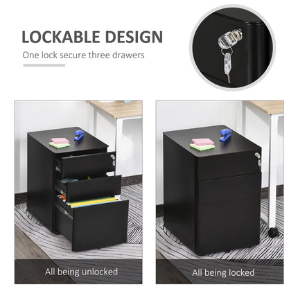 3-Drawer Lockable Steel File Cabinet for Letter Legal A4 with Wheels - Black