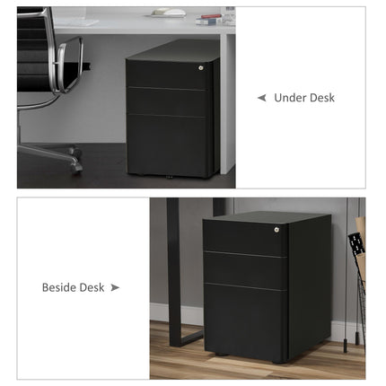 3-Drawer Lockable Steel File Cabinet for Letter Legal A4 with Wheels - Black