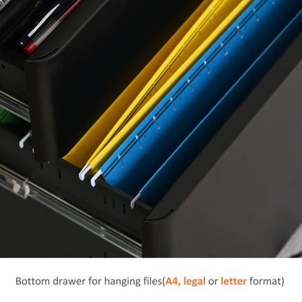 3-Drawer Lockable Steel File Cabinet for Letter Legal A4 with Wheels - Black