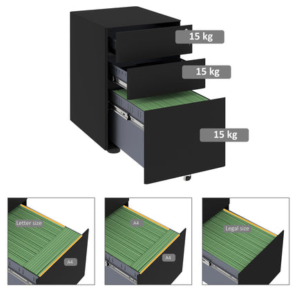 3-Drawer Lockable Steel File Cabinet for Letter Legal A4 with Wheels - Black