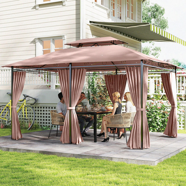 4m x 3m Metal Gazebo Canopy Set with Curtains - Brown