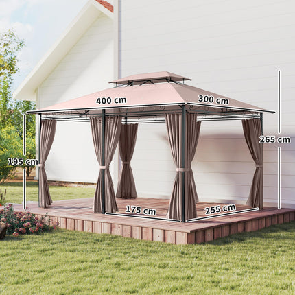 4m x 3m Metal Gazebo Canopy Set with Curtains - Brown