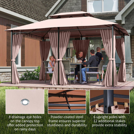 4m x 3m Metal Gazebo Canopy Set with Curtains - Brown