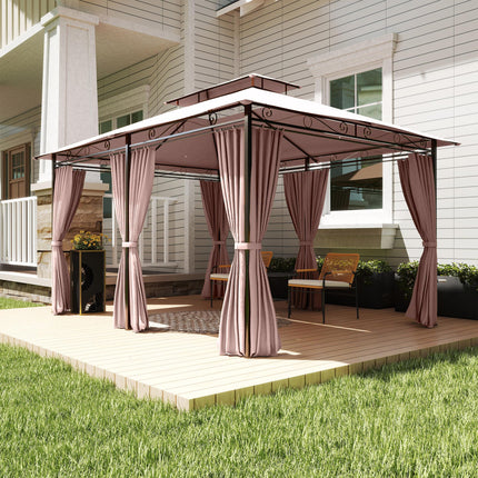 4m x 3m Metal Gazebo Canopy Set with Curtains - Brown