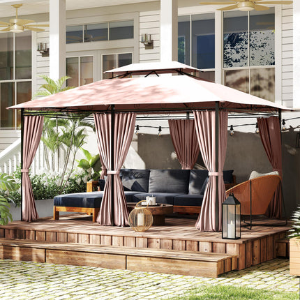 4m x 3m Metal Gazebo Canopy Set with Curtains - Brown