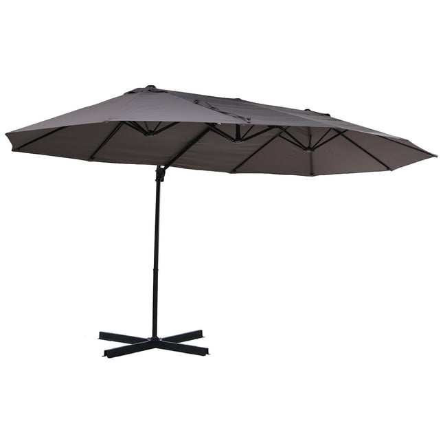 Double Parasol Patio Umbrella with Steel Pole, 12 Ribs, Crank Handle, Twin Canopy - Grey