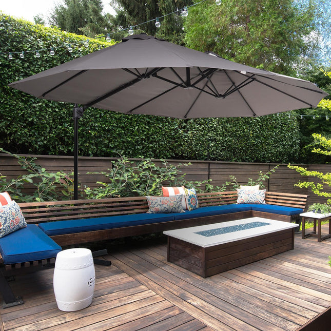 Double Parasol Patio Umbrella with Steel Pole, 12 Ribs, Crank Handle, Twin Canopy - Grey