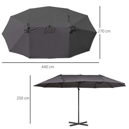 Double Parasol Patio Umbrella with Steel Pole, 12 Ribs, Crank Handle, Twin Canopy - Grey