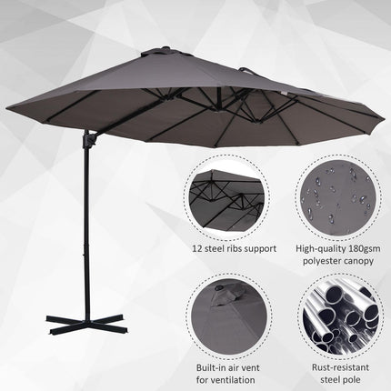 Double Parasol Patio Umbrella with Steel Pole, 12 Ribs, Crank Handle, Twin Canopy - Grey