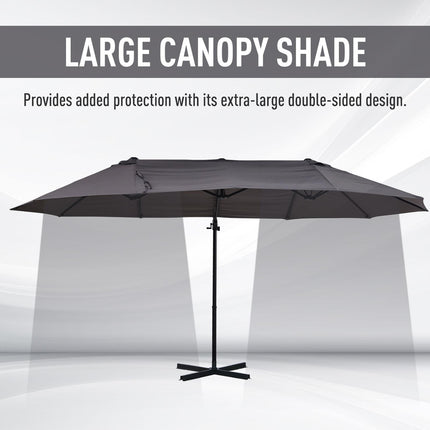 Double Parasol Patio Umbrella with Steel Pole, 12 Ribs, Crank Handle, Twin Canopy - Grey
