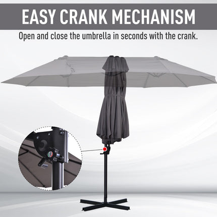 Double Parasol Patio Umbrella with Steel Pole, 12 Ribs, Crank Handle, Twin Canopy - Grey