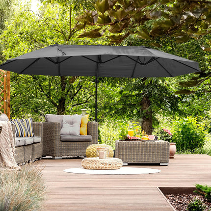 Double Parasol Patio Umbrella with Steel Pole, 12 Ribs, Crank Handle, Twin Canopy - Grey