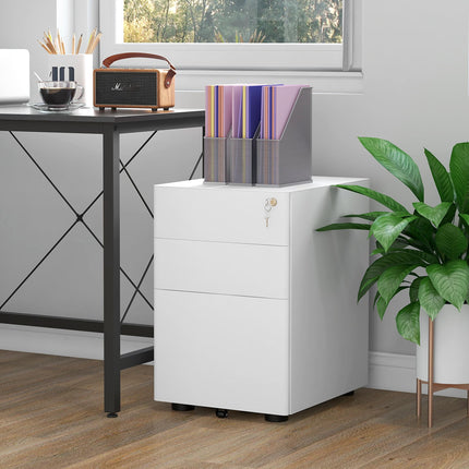 3 Drawer Lockable Rolling Steel Filing Cabinet Fully Assembled - White