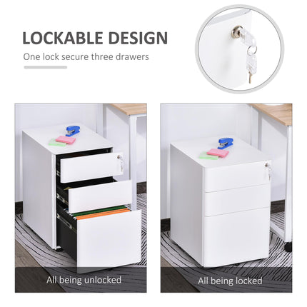 3 Drawer Lockable Rolling Steel Filing Cabinet Fully Assembled - White