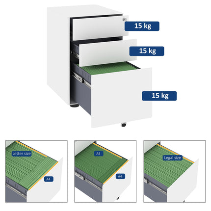 3 Drawer Lockable Rolling Steel Filing Cabinet Fully Assembled - White
