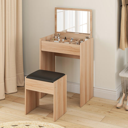 Dressing Table Set with Padded Stool and Flip-up Mirror - Wood Grain