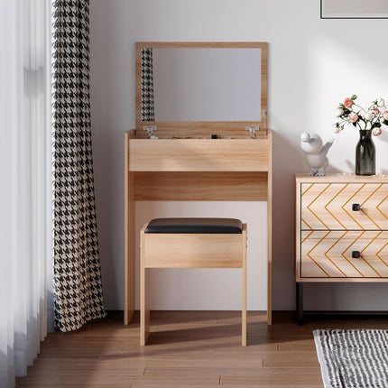Dressing Table Set with Padded Stool and Flip-up Mirror - Wood Grain