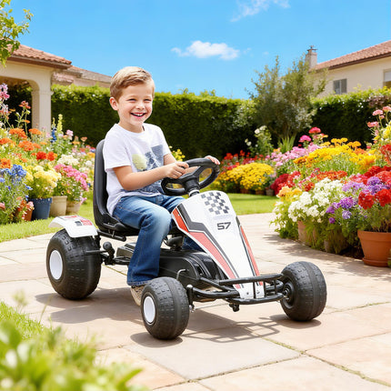Kids Adjustable Seat Pedal Go-Kart with Steering Wheel and Hand Brake - White/Red