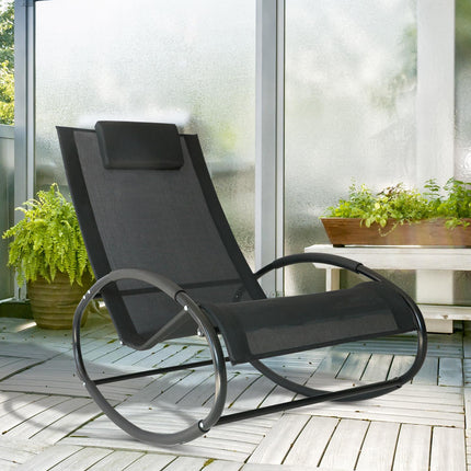 Orbital Rocking Chair Sun Lounger Recliner with Pillow Texteline Patio Garden - Black