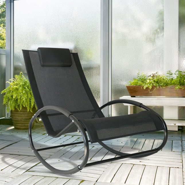 Orbital Rocking Chair Sun Lounger Recliner with Pillow Texteline Patio Garden - Black
