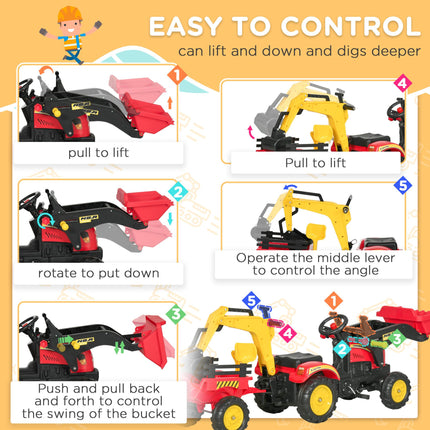 Kids Controllable Pedal Ride-On Excavator Truck - Red/Yellow