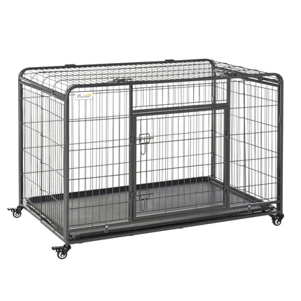 Heavy Duty Foldable Dog Crate with Double Doors, Removable Tray & Lockable Wheels 125x76x81cm - Dark Grey