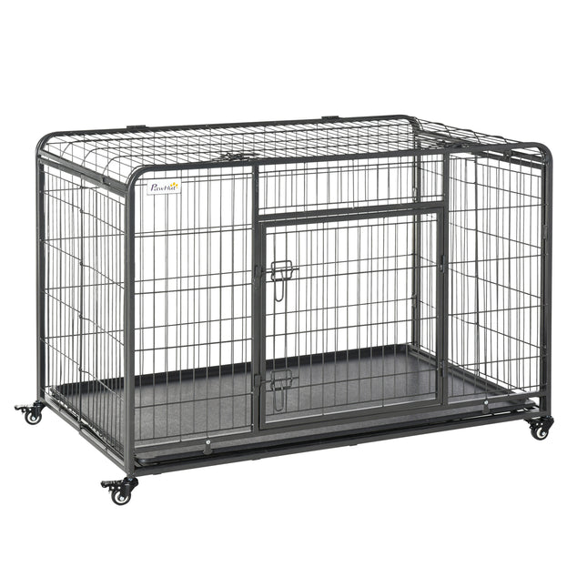 Heavy Duty Foldable Dog Crate with Double Doors, Removable Tray & Lockable Wheels 125x76x81cm - Dark Grey
